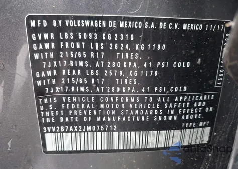 2018 Volkswagen Tiguan 2.0T Se/2.0T Sel from USA, damaged, VIN 3VV2B7AX2JM075712